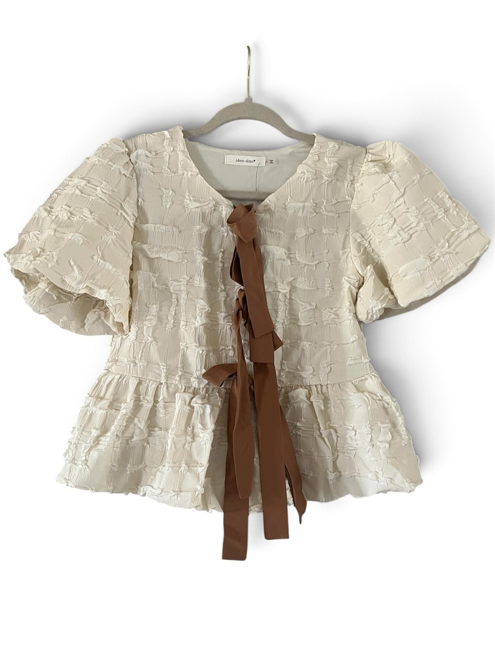 Idem-Ditto Cream Textured Peplum Blouse with Brown Ribbon Ties